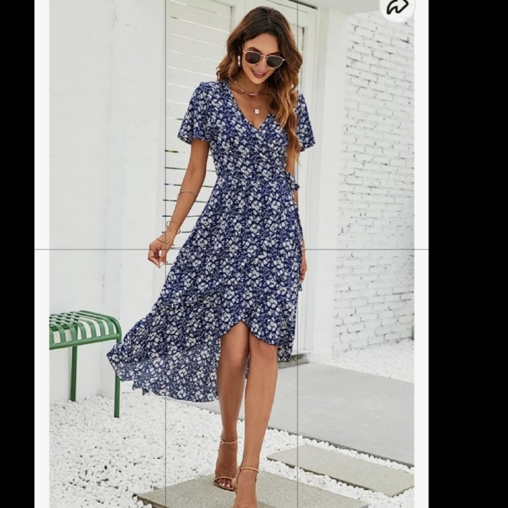 NEW Naggo navy/wht flower high-low wrap dress. Flowing Lightweight polyester med